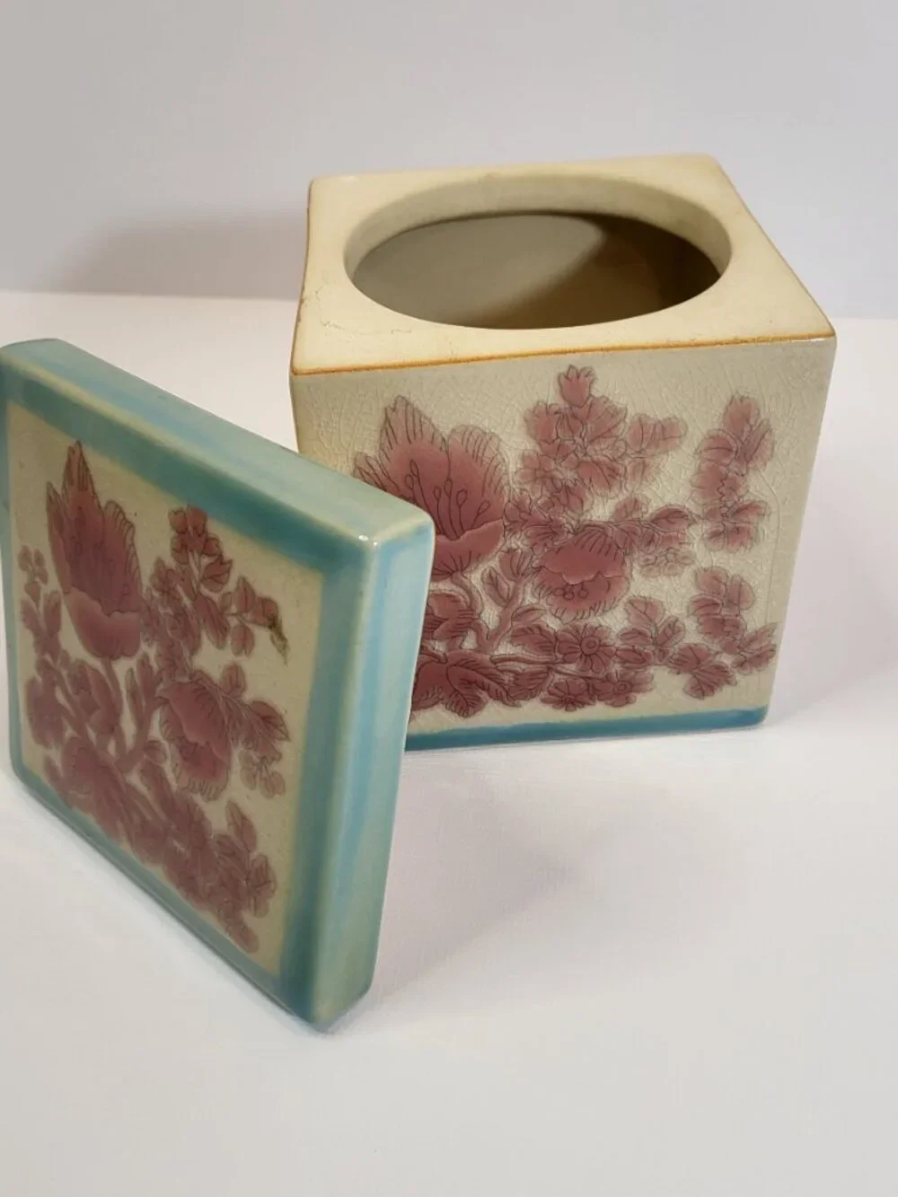 Vintage Pier 1‎ Imports Fiona Canister: Pink Floral Crackle Glaze Ceramic Jar